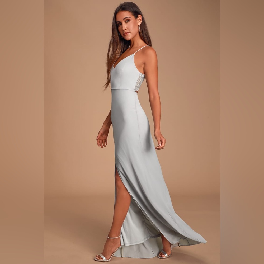 Story of a Starry Night Grey Backless Lace Maxi Dress